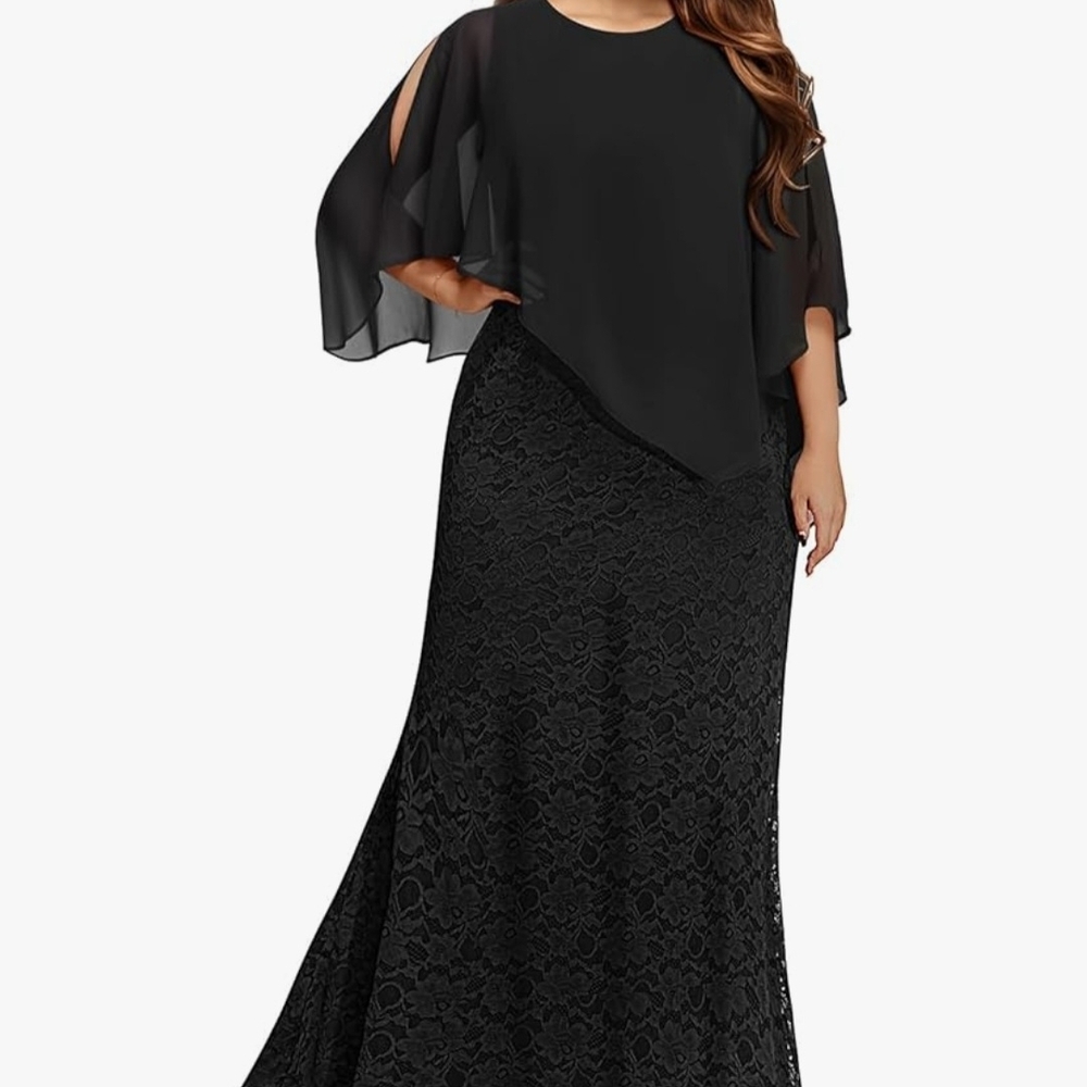 Women's Plus Size Cape Dress with Chiffon Overlay Gown Formal Evening Lace Long